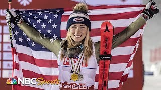 Mikaela Shiffrin makes history with fourth consecutive slalom title  NBC Sports [upl. by Ailadgim]