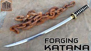 Forging a KATANA out of Rusted Iron CHAIN [upl. by Ardnikat]