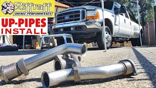 2001 F350 73  RiffRaff UpPipes Install  Stock up pipes leaking and falling apart JUNK SP [upl. by Voleta]